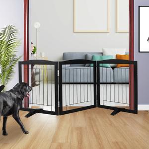 ZJSF Freestanding Dog Fence Indoor, Foldable Dog Gate for Doorways, Stairs or Hallways, Sturdy Wood Extra Wide Pet Gate with Support Feet for The House, Black, 24 "Height-3 Panels