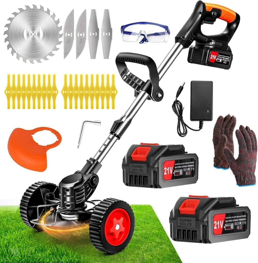 Cordless Weed Wacker Electric Grass Trimmer with 21v 4.0Ah Battery Powered,3-in-1 Brush Cutter Weed Cutter Lawn Trimmer,with Wheels Adjustable Lightweight for Lawn, Garden, Yard Care