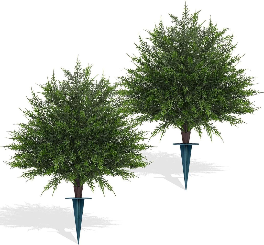 Yangrass 23" Artificial Cedar Topiary Ball Trees with Spike, Set of 2 UV Resistant Fake Evergreen Bushes Shrubs Trees, Realistic Faux Cypress Plants for Outdoor Indoor