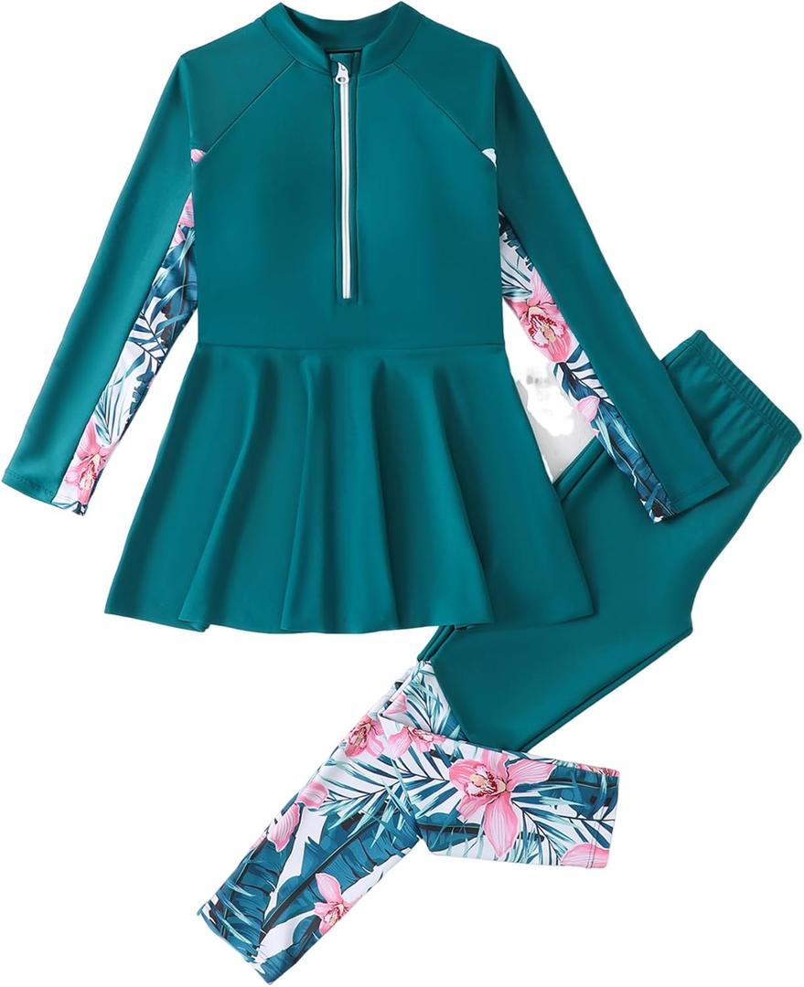 IDOPIP Muslim Swimsuit for Girls Kids Islamic Swimwear Full Cover Long Sleeve Burkini Top Pants Two Piece Modest Bathing Suit Sets Toddler Swim Dress Beachwear Rash Guard UPF 50+ Green 12-14 Years