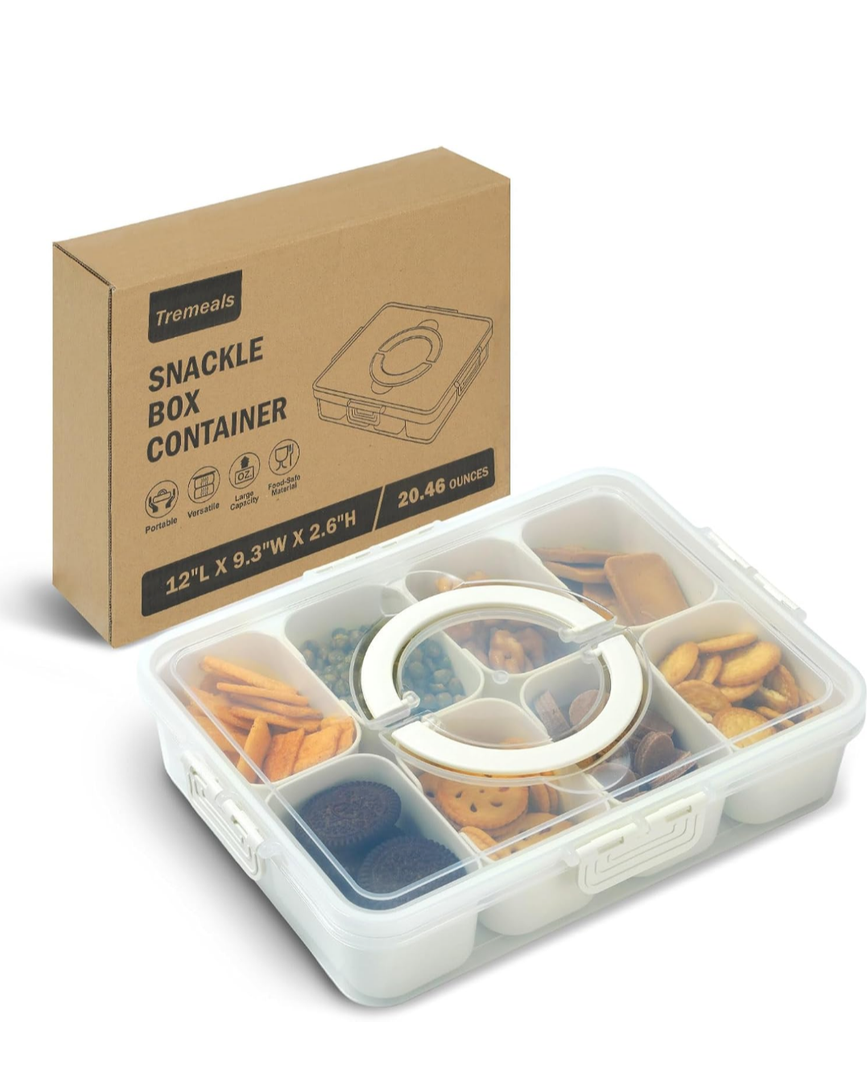 Divided Serving Tray for Candy, Condiment, Fruits and Nuts - Dishwasher Safe Snackle Box Container with Lid - Portable Charcuterie Board for Parties, Picnics, Travel and On-the-Go Snacking (8 Cups)