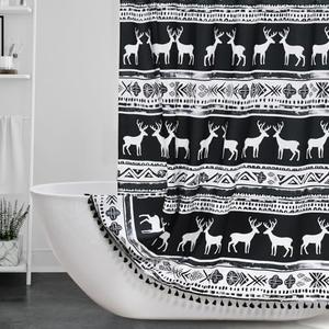 Boho Black and White Shower Curtain Fabric Tassel Shower Curtain, Vintage Farmhouse Cloth Chic Tribal Bathroom Shower Curtain 72X72