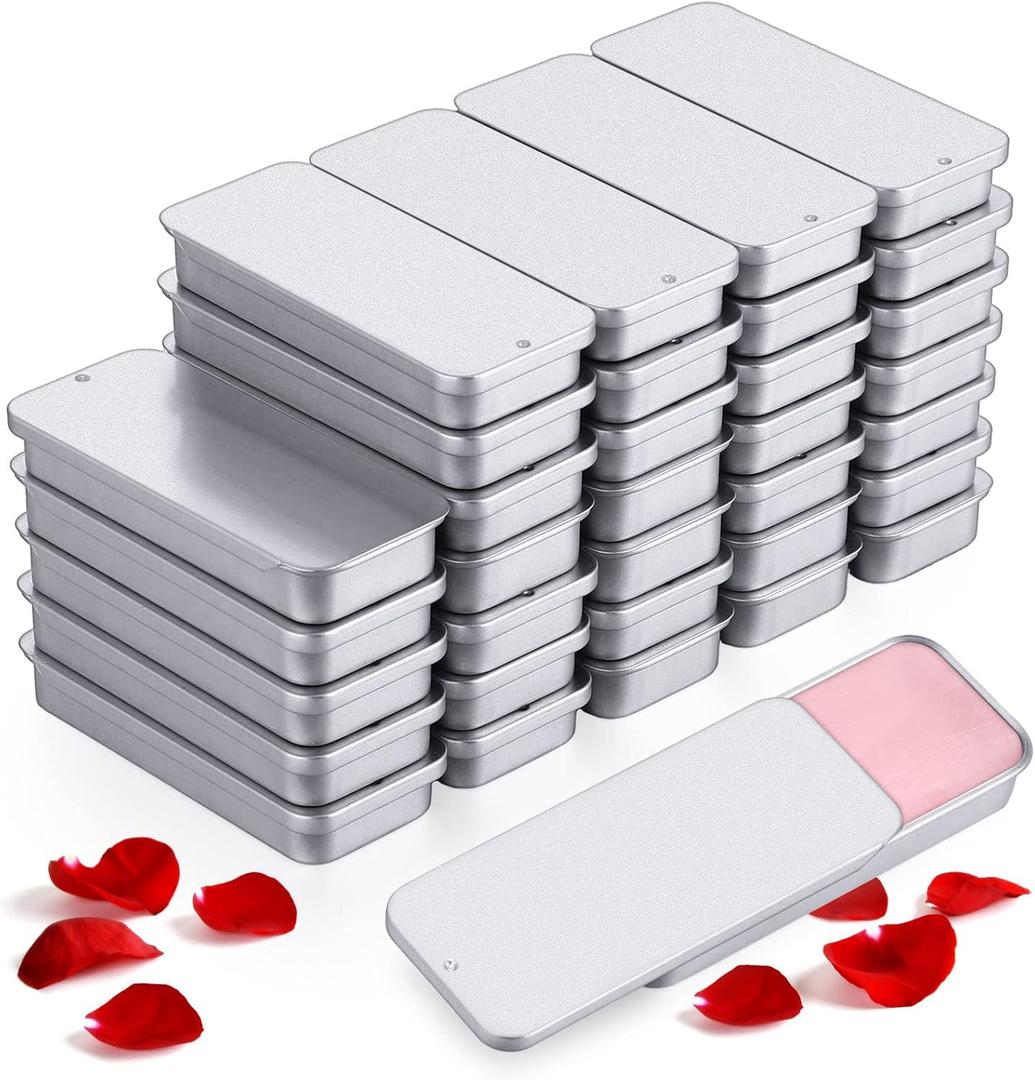 Norme 40 Pcs Small Slide Top Tin Lip Balm with Lids Rectangular Metal Containers for Lip Balm Candies Jewelry Crafts Pills Storage Kit(3.15 x 1.38 x 0.43 Inch,Silver)