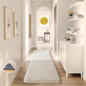 Ophanie 2x8 Runner Rug for Hallway, Upgrade Non-Slip Fluffy Soft Bedside Rugs, Bedroom Living Room Ivory Shaggy Carpet for Kids Girls Boys Dorm Nursery Home Decor Aesthetic