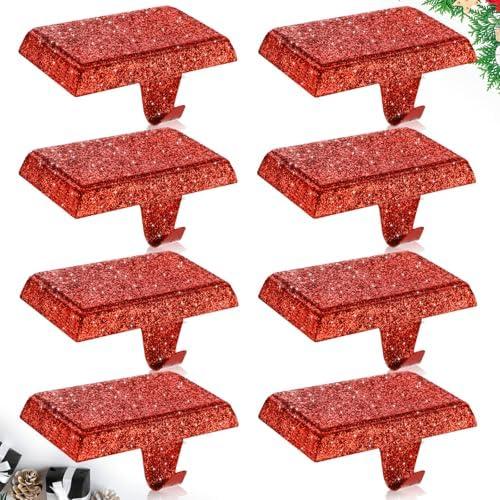 Huwena Christmas Glitter Stocking Holders Set 8 Shiny Metal Stocking Holders Weighted Hangers with Non-Slip Protective Pad Hooks for Fireplace TV Stand Staircase