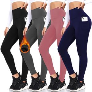 FULLSOFT 4 Pack Fleece Lined Leggings with Pockets for Women High Waisted Thermal Winter Warm Yoga Pants for Workout Running (Large-XL) Black,gray,navy Blue,pink(4 Pack))