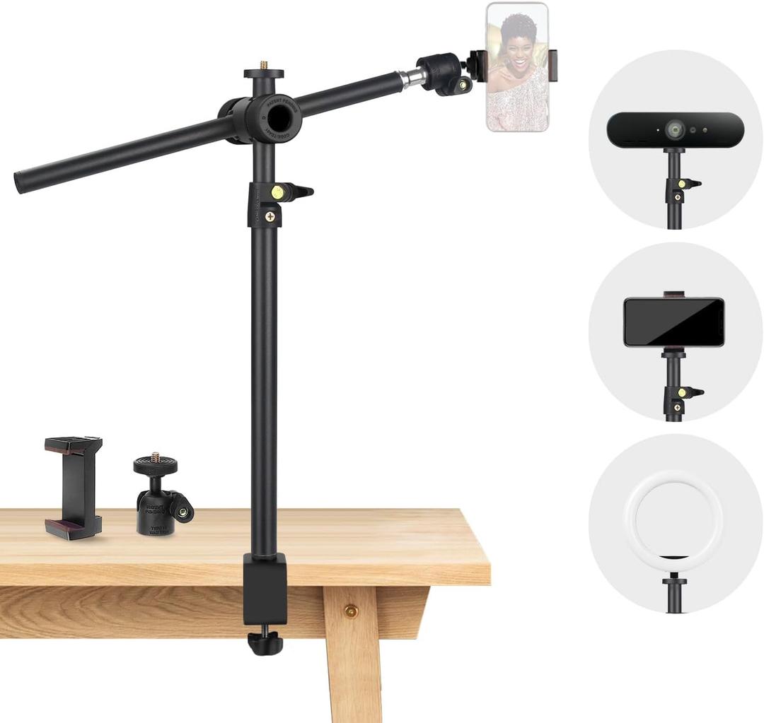Overhead Camera Mount Desk Stand, Camera Arm Desk Mount Clamp Stand with 360Adjustable Magic Arm, Webcam Arm Mount Stand w Ballhead Phone Mount for Desk Logitech Microphone Video Light Cell Phone