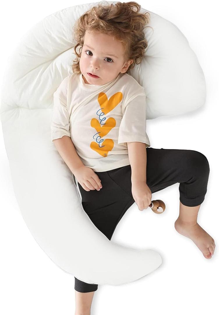 Choc chick Curve Long Toddler Kids Body Pillow for Sleeping, 34x27 inches Moon Shape Soft Child Hug Pillow, 100% Natural Cotton Pillowcase, Washable & Breathable Crib Pillow for Kids, Large