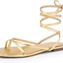 DREAM PAIRS Women's Strappy Flat Sandals - Comfortable Lace Up Gladiator Dressy Sandals, Square Toe Tie Up Walking Sandal, Summer Wrap Up Vocation Sandal Mermaid Shoes, Size 8, Gold