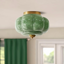 Milk Glass Ceiling Light Fixture - Farmhouse Antique Brass Semi Flush Mount Ceiling Light for Kitchen, Hallway, and Bedroom (Green 15 inch)