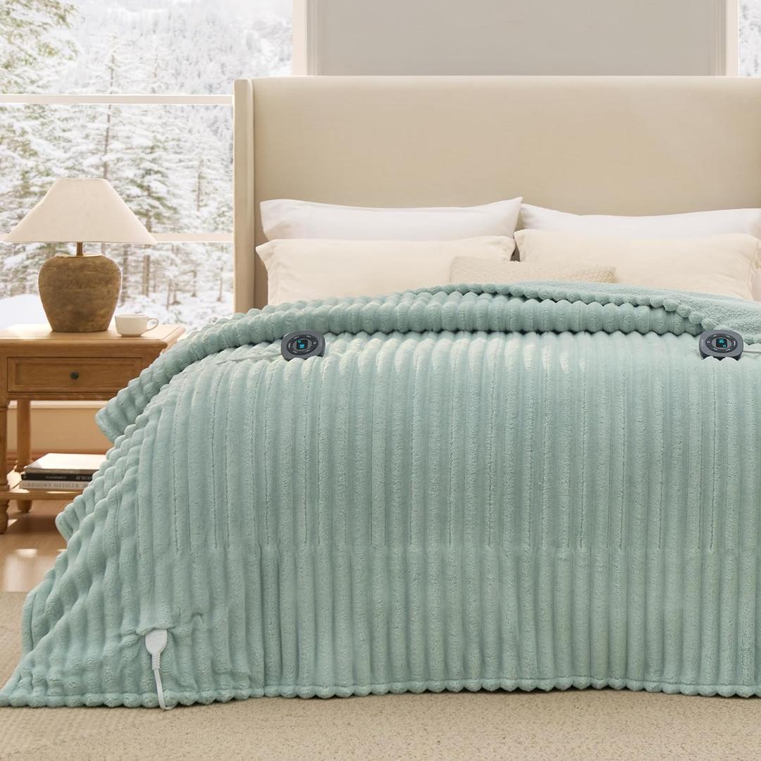 Bedsure Electric Blanket King Size - Thick Striped Flannel Electric Blanket with Dual Control, Heating with 10 Heat Settings & 10 Time Settings, 8 hrs Timer Auto Shut Off (90x100 inches, Green) (11 - Emerald Green)