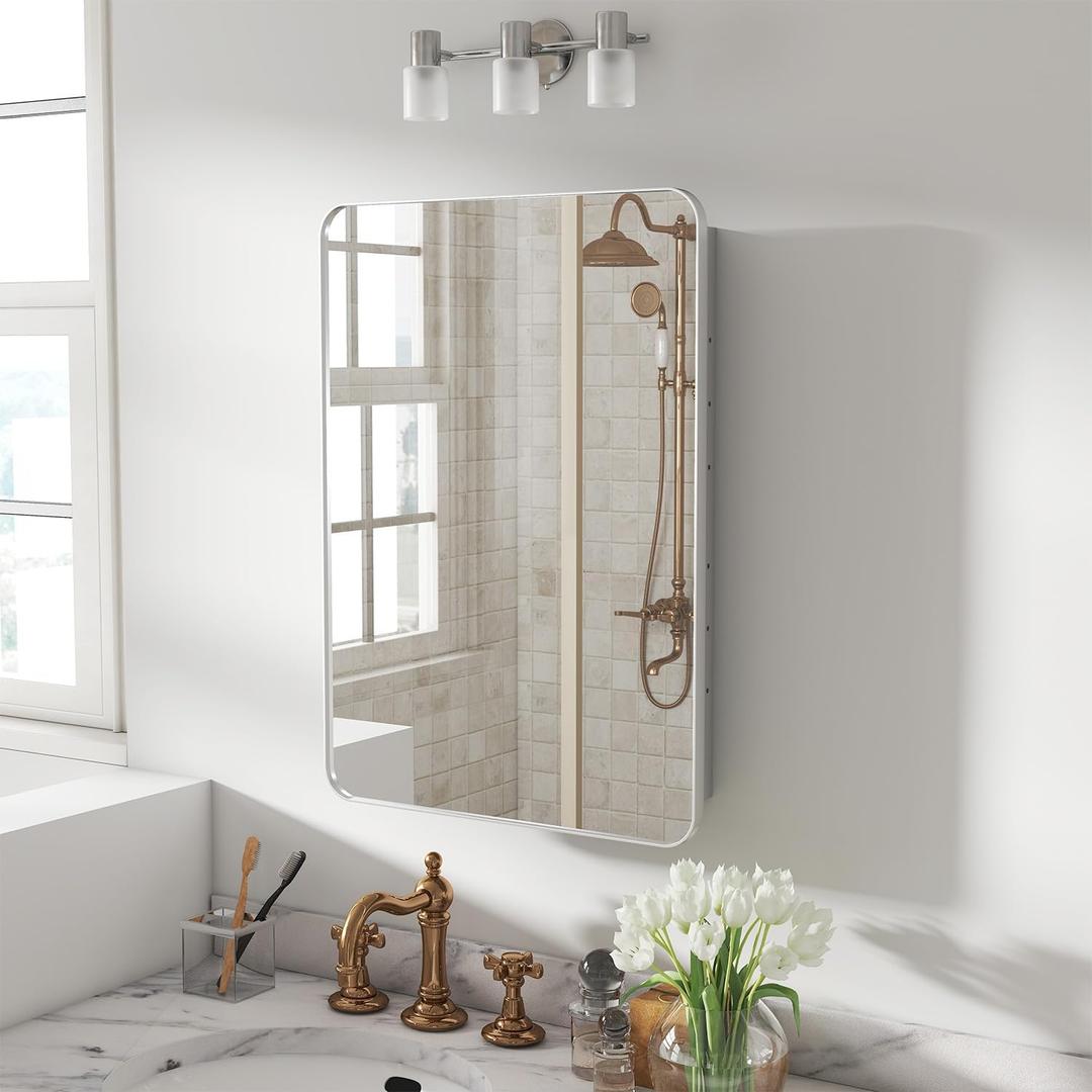 28x20 Inch Matte Silver Medicine Cabinet with Mirror for Bathroom, Aluminum Medicine Cabinet with Frosted Finish, Recessed or Wall Mount Medicine Chest, Modern Sleek Design, Fully Assembled