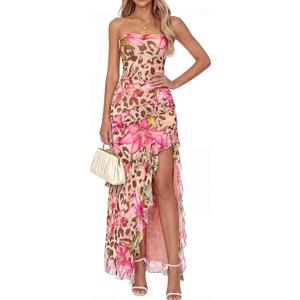 BTFBM Off The Shoulder Dresses for Women Summer 2026 Strapless Ruffle Slit Formal Wedding Guest Dress Cocktail Party (Pink, L)