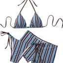 SHENHE Women's 3 Piece Swimsuits Y2k Striped Triangle String Bikini Set with Cover Up Shorts, XS