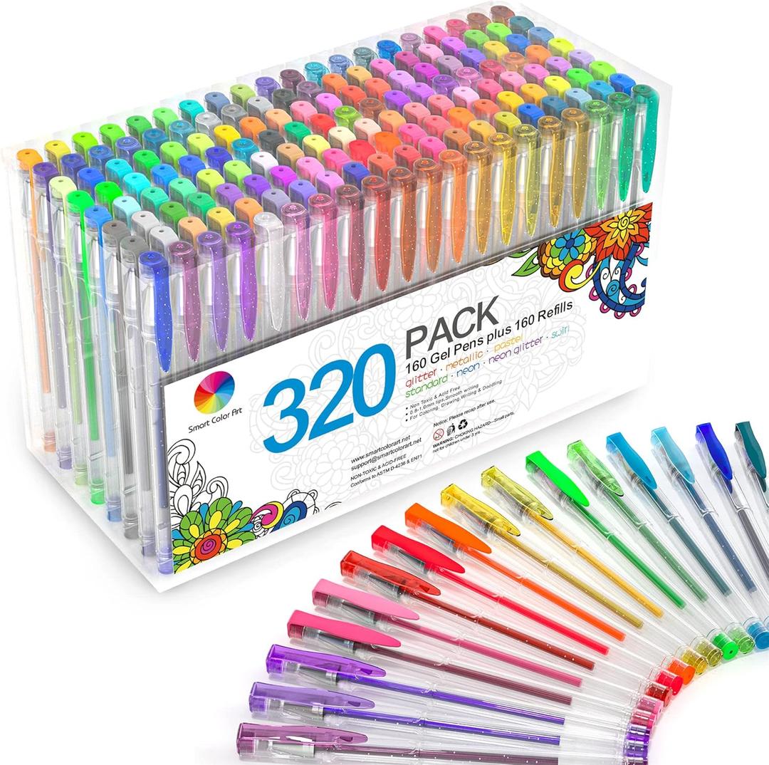 320 Pack Gel Pens Set, Smart Color Art 160 Colors Gel Pen with 160 Refills for Adult Coloring Books Drawing Painting Writing