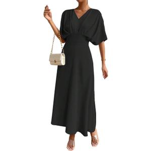 Floerns Women's V Neck Half Sleeve Ruched Cocktail Evening A Line Long Dress Black XL