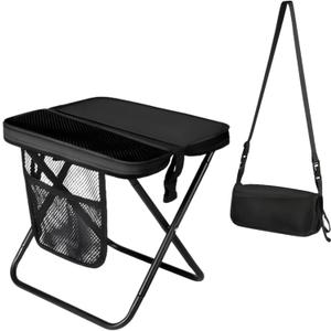 12" Portable Collapsible Stool - Folding Chair with Storage Pouch, Convertible Satchel for Hands-Free Carry & Supports 265Lbs, Ultralight for Hiking, Fishing, Camping, Festivals (Black, Standard)