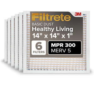 Filtrete 14x14x1 Air Filter, MPR 300, MERV 5, Clean Living Basic Dust 3-Month Pleated 1-Inch Air Filters, 6 Filters
