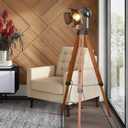Industrial Floor Lamps for Living Room, Farmhouse Tripod Lamp for Bedrooms Vintage Steampunk Adjustable 55" Black Metal Camera Wooden Tall Standing Lights for Study Corner, Office (No E26 Bulb)