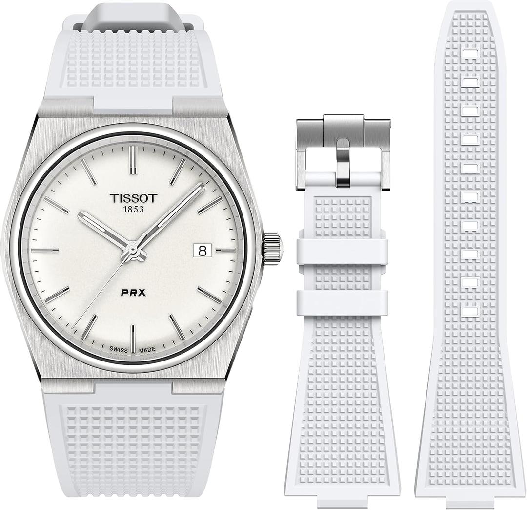 Strap for Tissot PRX Watch,Soft Fluororubber Band for PRX Powermatic 80,12mm Men Women Replacement FKM Bands for Tissot PRX Series Watch 40mm (White)