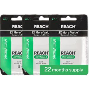 REACH Waxed Dental Floss, 2X More Value, Plaque Remover for Teeth, Shred Resistant, Floss Slides Smoothly, Easy to Use, Waxed, for Adults & Kids, Oral Care, PFAS Free, 3 Pack, 115 yd, Mint