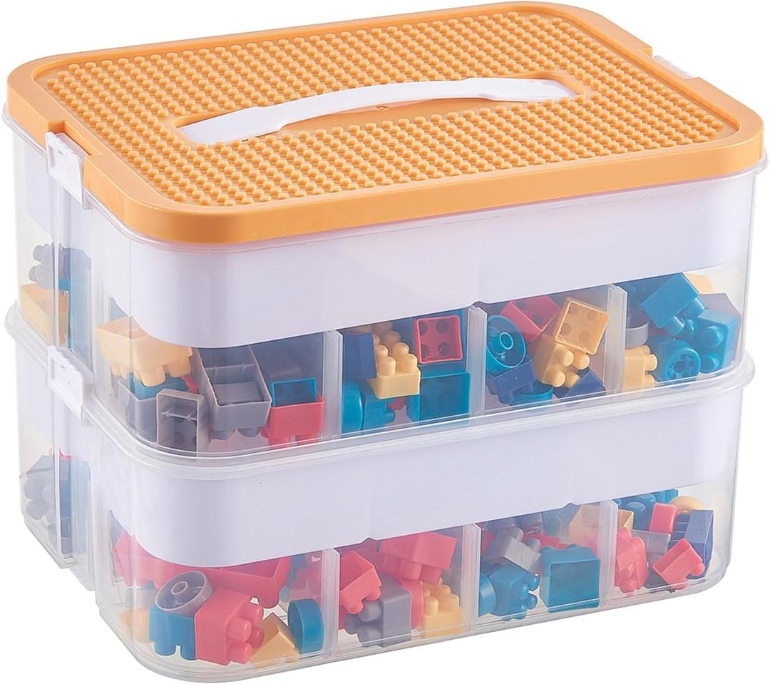 Plastic Stackable Organizer Storage Case with Building Blocks Lids for lego, Storage Containers with Carrying Handle and Adjustable Grid Organizers, 2Layer Orange
