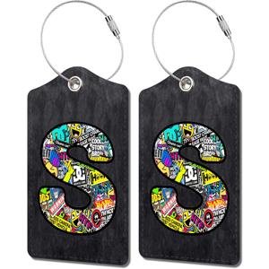 2 Pack Initial Luggage Tag for Suitcase, Cool Letter Unique Leather Bag Tags Identifiers Privacy Cover ID Label with Durable Steel Loop for Women Men Kids Girls Travel, Letter S