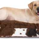 Bedfolks Waterproof Dog Crate Bed, Plush Dog Bed with Removable Washable Cover, Faux Fur Dog Crate Pad for XXL Dogs, Fluffy Dog Kennel Bed 47"x29", Cow Print