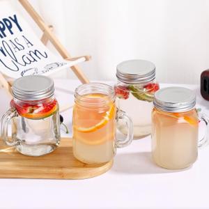 Jarsoph 4 Pack 14oz Glass Mason Jar with Handle & Lids, Wide Mouth Glass Container for Meal Prep, Jam, Honey, DIY Jars, Iced Coffee, Smoothie