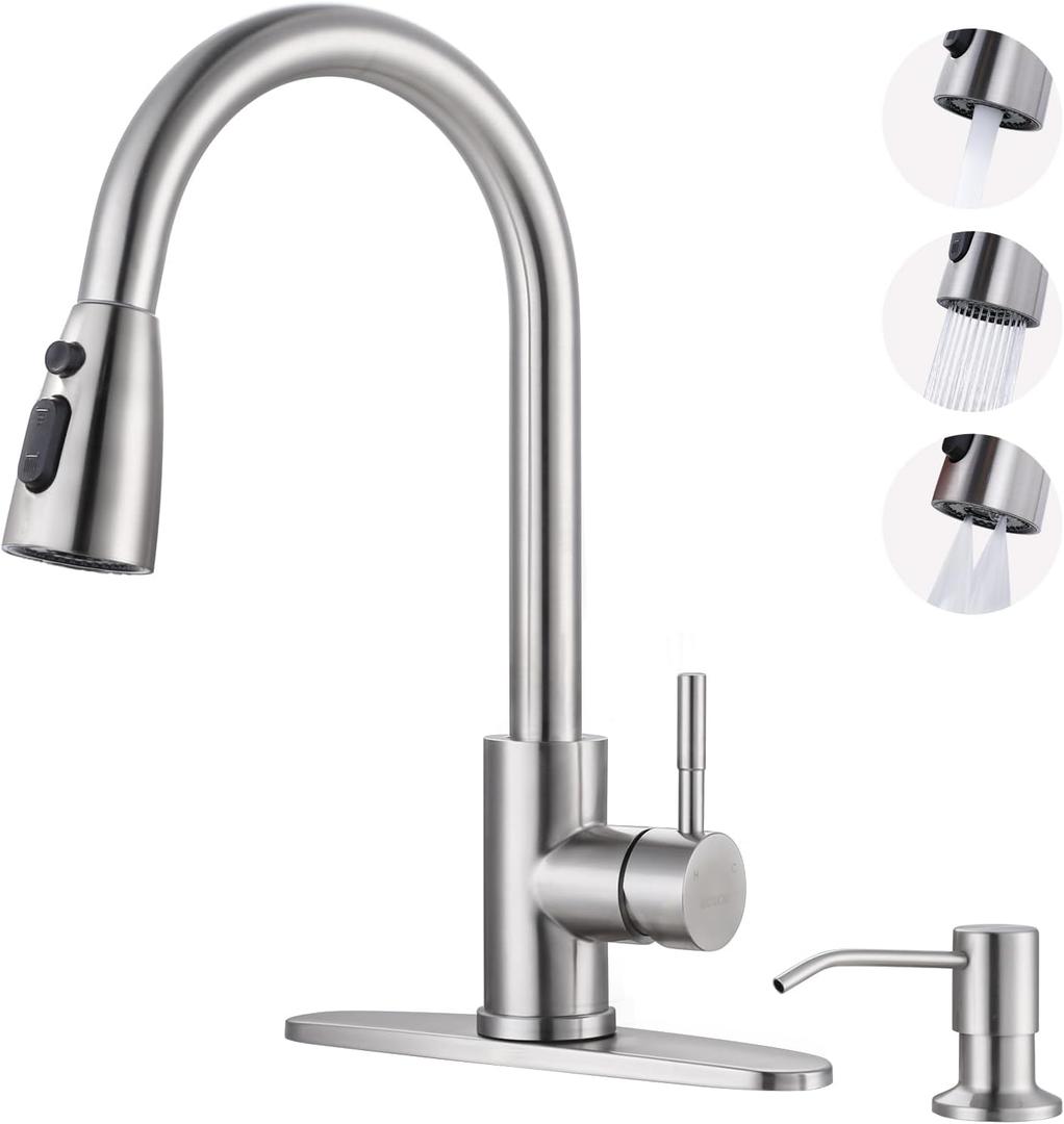 WOWOW Kitchen Faucet with Soap Dispenser: 304 Stainless Steel Kitchen Sink Faucet with Pull Down Sprayer 3 Modes, Single Handle High Arc Mixer Taps for Sink, RV, Laundry, Bar (Brushed Nickel)