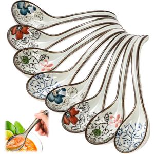 8 Pcs Asian Ceramic Soup Spoons, Japanese Ramen Spoon with Long Curved Handle, Chinese Soup Spoon, Porcelain Tablespoon, Kitchen Serving Spoon for Miso, Noodles, Cereal, Wonton, Dumpling Rice