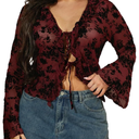 WDIRARA Women's Plus Size Floral Lace Sheer T Shirt Tie Front Long Bell Sleeve Tee Going Out Tops, 4X-Large Plus