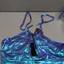Allegra K Women's Christmas Shiny Metallic Crop Cami Hollow Out Backless Disco Halter Top (Large, Blue Purple)