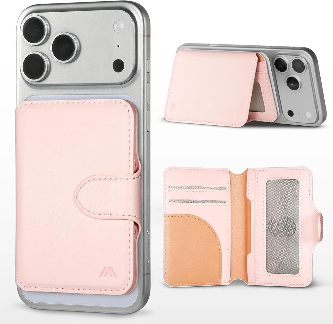 for MagSafe Wallet, Magnetic Phone Wallet RFID Blocking, Slim 5-8 Card Holder with Cash Slot & Clear ID Window, Minimalist Mag Safe Wallets for iPhone 17/16/15/14/13/12 Series, Blush Pink