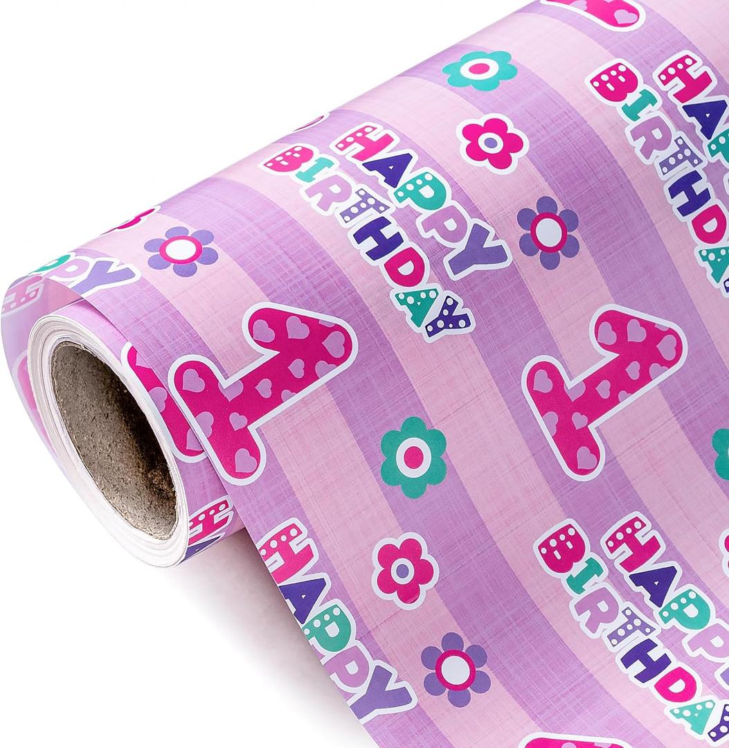 WRAPAHOLIC 1st Birthday Wrapping Paper - Mini Roll - 17 Inch x 33 Feet - Pink Floral and Happy Birthday Wrapping Paper for Girls, Party, Holiday