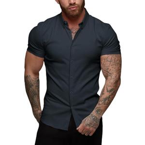 URRU Men's Muscle Dress Shirts Slim Fit Stretch Short Sleeve Casual Button Down Shirts for Men (Gray)