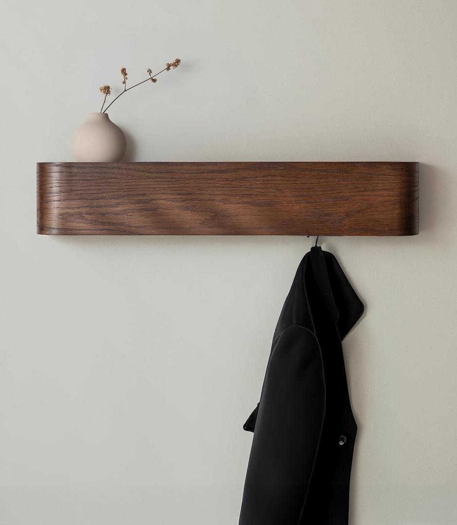 Wall-Mounted Coat Rack 'Toke' - Modern Design Coat Rack with Hidden Wall Hooks - Solid Wood Veneer Panel Coat Hanger - Oak, Dark
