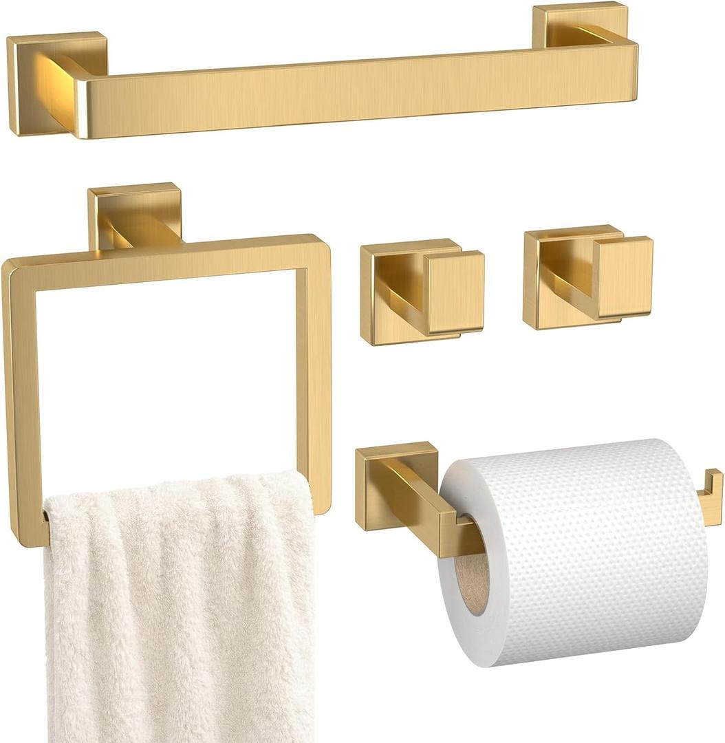 Bathroom Accessory Towel Bar Set: 5 Pieces Gold Bathroom Hardware Square SUS304 Stainless Steel - Wall Mounted Towel Rack & Toilet Paper Holder & Towel Ring and Towel Hook