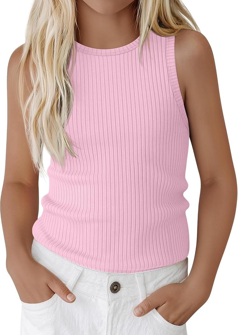 Girls' Sleeveless Tank Tops Ribbed Crew Neck Undershirts Stretch Athletic Tanks Soft Solid Top for Kids 5-6 Years