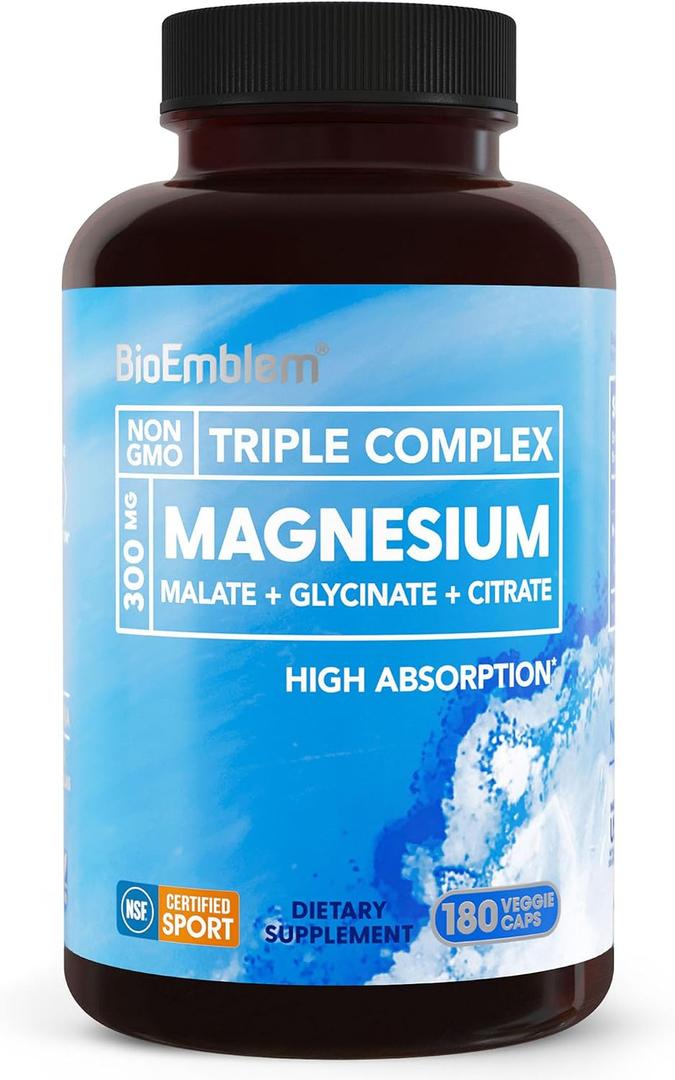 BioEmblem Triple Magnesium Complex | 300mg of Magnesium Glycinate, Malate, & Citrate for Muscles, Nerves, & Energy | High Absorption | Vegan, Non-GMO (180 Capsules)