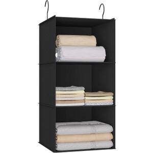 Hanging Closet Organizer - 3-Shelf, Easy Mount Foldable Wardrobe Storage Shelves for Clothes, Handbags, Shoes & Accessories - Washable Oxford Cloth Fabric, Black