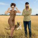 2 x 6 Pcs Tiger Tamer Costume Halloween Couple Costume with Blonde Wig Hat Beard Tiger Ears Tail & Nose Cosplay Party