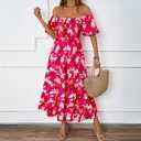 Summer Bright Floral Dress for Women 2025 - Versatile Square Neck or Off-Shoulder with Puff Sleeve for Casual, Beach (Pink, S)