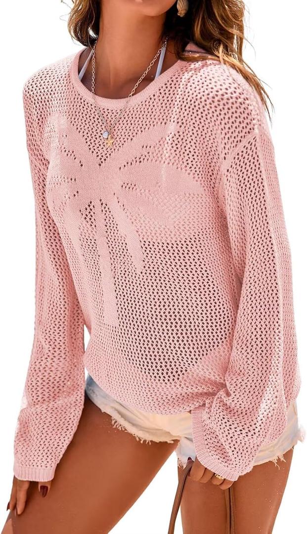 Dokotoo Womens Fashion 2026 Summer Crochet Hollow Out Long Sleeve Sweaters Casual Crewneck Pullover Shirt Beach Coverup (Large, Pink)