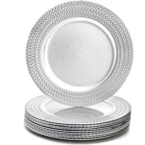 SOUJOY 12 Pack Silver Charger Plates, 13 Inch Plastic Dinner Plate, Leaf Trim Antique Charger Plate for Weddings, Parties, Anniversary, Thanksgiving, Christmas