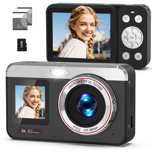 5K Digital Camera, 80MP Dual Screen Autofocus Vlogging Camera, 18X Zoom Point and Shoot Camera for Photography, Flash, 32GB Card, 2 Batteries, Compact Camera for Teens Adults (Black)