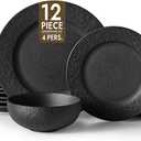 KINGSTONE Black Dinnerware Sets, 12-Piece Matte Marble Pattern Premium Porcelain, Place Setting with Dinner Plate, Salad Plate, Pasta Bowl, Microwave and Dishwasher Safe