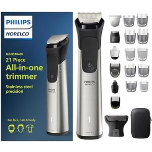 Philips Norelco Multigroom Series 9000-21 Piece Men's Grooming Kit for Beard, Body, face, Nose, Ear Hair Trimmer w/Premium Storage case, MG9510/60