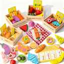 KONYXALU Wooden Play Food Set for Kids Kitchen - Pretend Cutting Toys with Fruits, Vegetables, Meat & Bakery - Montessori Sorting Toy for Boys & Girls Ages 3-8 - Ideal Gift for Christmas & Birthday