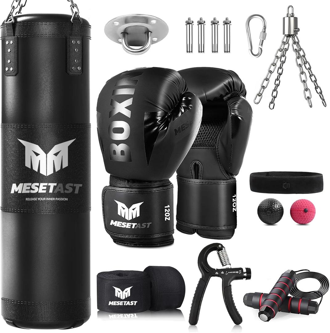 Punching Bag for Adults, 4ft Heavy Boxing Bag Set with 12 OZ Gloves for MMA Karate Kickboxing Boxing - Unfilled (1.Black)